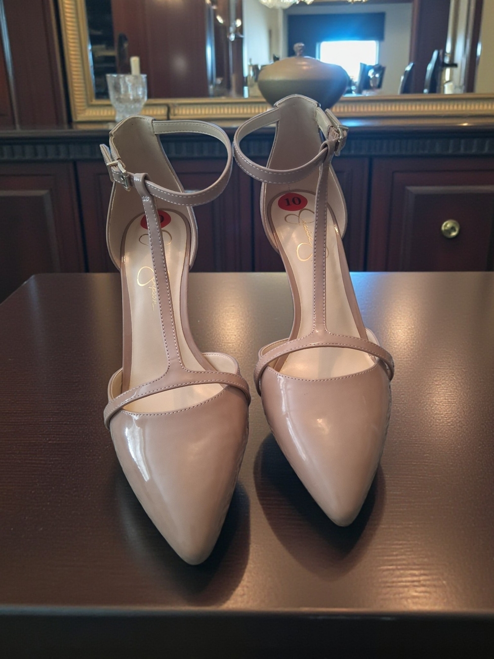 Jessica Simpson beige nude pointed toe t-strap stiletto heels Womens Size 10